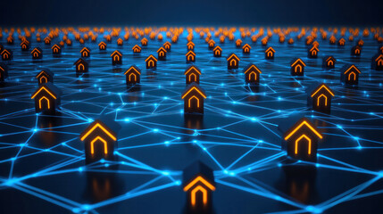 Poster - A blue background with many orange cubes that look like houses. The houses are connected by a network of lines