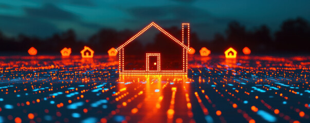 Poster - A house is lit up in a field of lights. The house is surrounded by other houses, and the lights are arranged in a way that creates a sense of depth and perspective. Scene is warm and inviting