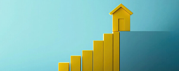 Poster - A yellow house is on top of a stack of yellow blocks. The house is on top of the blocks, which are stacked on top of each other. Concept of growth and progress