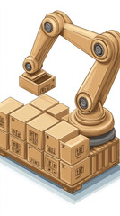 Poster - A robot is lifting boxes from a pallet. The boxes are stacked in a warehouse. The robot is a large, mechanical arm
