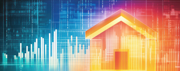 Poster - A house is shown in a colorful, abstract style with a lot of lines and shapes. The house is surrounded by a lot of data and numbers, which gives the image a futuristic and technological feel