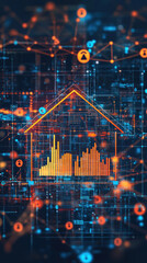 Poster - A house is shown in a digital image with many lines and dots surrounding it. The house is orange and yellow, and it is a representation of a futuristic home. Concept of technology and innovation