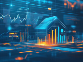 Poster - A house is shown in a futuristic setting with a lot of data and graphs surrounding it. The house is surrounded by a lot of numbers and lines, giving it a very complex and abstract appearance