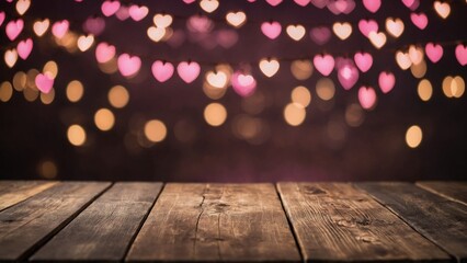 Wall Mural - Rustic plank wood board table surface with pink heart shape and gold bokeh lights mockup background