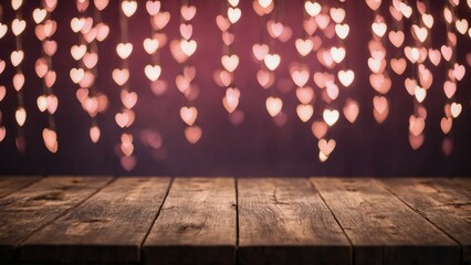 Wall Mural - Rustic plank wood board table surface with pink heart shape strings of bokeh lights mockup background
