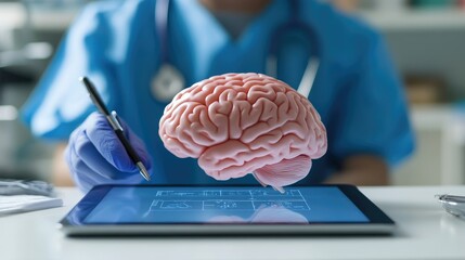 Poster - Doctor in blue scrubs focused on a digital brain image on a tablet, analyzing neural pathways and medical data.