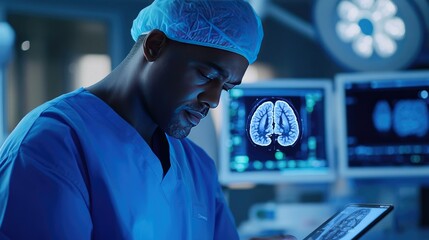 Poster - Doctor in blue scrubs focused on a digital brain image on a tablet, analyzing neural pathways and medical data.