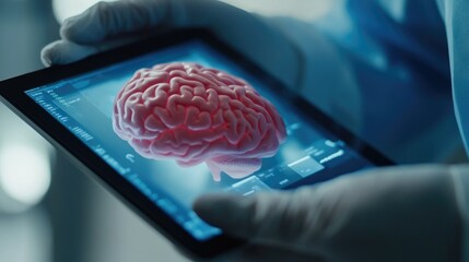 Poster - Medical professional using a digital tablet with a 3D brain model, displaying real-time diagnostics and health data.