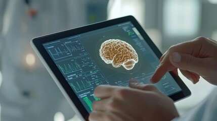 Poster - Medical professional using a digital tablet with a 3D brain model, displaying real-time diagnostics and health data.