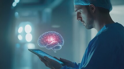 Poster - Side view of a doctor in scrubs holding a tablet with a detailed brain hologram, exploring cognitive functions.