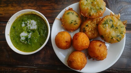 black gram or urad dal vada or pakoda or aalu bonda, aalu bonde with coconut and pudina chutney, isolated. 