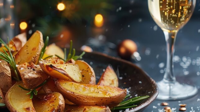 Background image of baked potato wedges as a side dish and champagne glasses with carbonated drinks served on a festive table on Christmas Day.