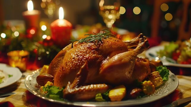 Grilled chicken head background with corn Serve on a glass plate as a main course at a festive table with a simple salad. and appetizers for dinner