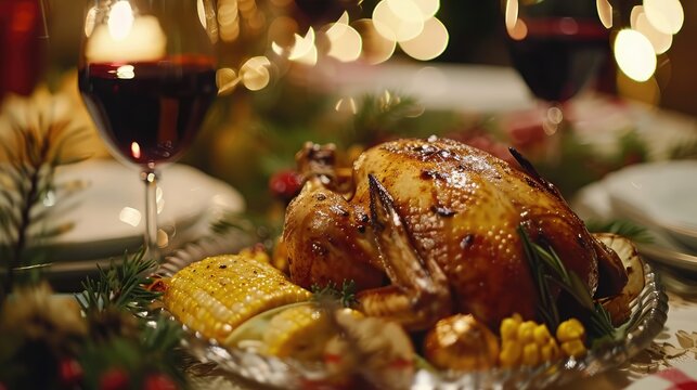 Grilled chicken head background with corn Serve on a glass plate as a main course at a festive table with a simple salad. and appetizers for dinner