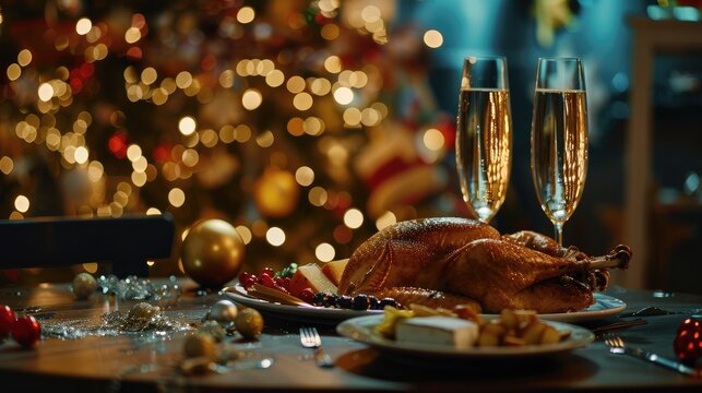 Header background image of roasted turkey and cheese platter served with empty champagne glasses on a festive dinner table with Christmas lights.