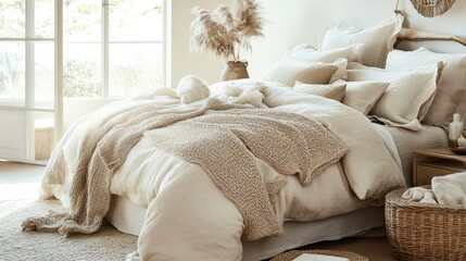 Wall Mural - Cozy Earthy Bedroom with Natural Textures and Soft Light