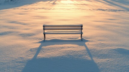 Wall Mural - Snowy Bench in Winter Landscape at Sunrise