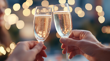 Friends celebrate with toasts under vibrant lights