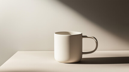 White mug standing on table under harsh diagonal shadow