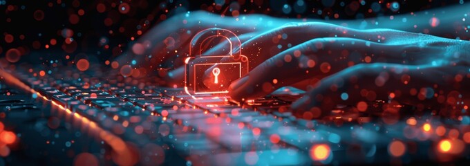 Poster - Cyber Security Network Data Protection Businessman Using Laptop Digital Padlock Internet Technology Networking Cloud Computing Data Management