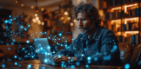Aufkleber - Smart Office Businessman Using Mobile Phone and Laptop with Digital Graph for Online Business, Global Network, Cloud Computing, and Virtual Screen Hologram in a Technology Concept Background
