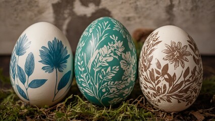 Easter eggs sitting on grass with botanical leaves and flower designs painted on them with a simple background