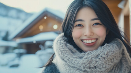 Poster - スキー場のロッジで微笑む女性