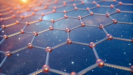 a close-up view of a hexagonal lattice structure with shining metallic nodes, representing the intri