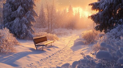 Canvas Print - Serene Winter Landscape with Snowy Path and Bench