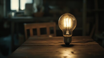 Sticker - A glowing light bulb on a rustic wooden table in a dimly lit environment.