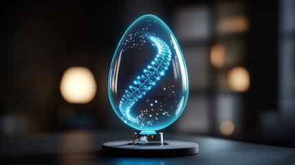 glowing blue egg with intricate gene sequences displayed inside, symbolizing innovation and technology. design is futuristic and captivating, perfect for scientific themes