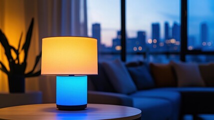 Sticker - A cozy lamp with a gradient light, illuminating a modern living room with city views.