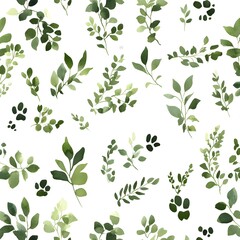 Watercolor Green Leaves and Paw Prints Seamless Pattern