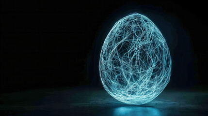 glowing blue egg shaped object with intricate light patterns, creating mesmerizing visual effect in dark environment