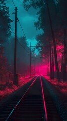 Canvas Print - Mystical Railroad Tracks in a Foggy Forest with Pink and Blue Lights