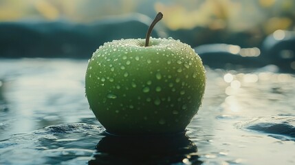 Poster - Fresh Green Apple with Dew on Water Surface