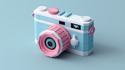 Poster - A 3D rendering of a pink and blue toy camera on a light blue background.