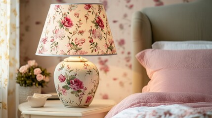 Wall Mural - Elegant Floral Lamp in Cozy Bedroom Setting