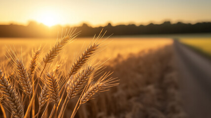 Golden wheat field at sunset with warm, inviting glow, highlighting beauty of nature and agriculture. sun sets over horizon, casting serene light on landscape