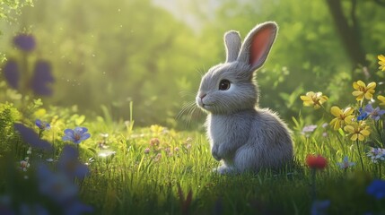 A fluffy bunny sitting in a grassy field with flowers around it