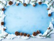 © Chalermrach - Snowy pine branches and pinecones border on blue textured wood floor background minimalist winter topview painting, background, snowy, topview