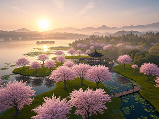 Spring scenery of West Lake Scenic Area in Hangzhou, China