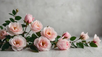 Wall Mural - Soft pink wild roses and simple gray white wall background