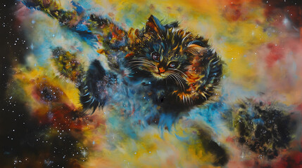 Poster - A vibrant, colorful painting of a cat amidst a cosmic scene featuring nebulae, stars, and a blend of blues, oranges, and yellows.