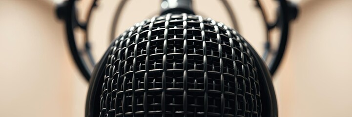 Close up of intricate wire mesh pattern on audio microphone pop shield, technology, recording