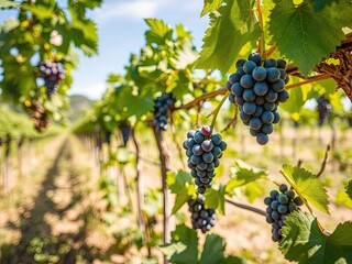 Wall Mural - Lush grapevine plants with ripe purple grapes growing in a sunny vineyard, natural, vine