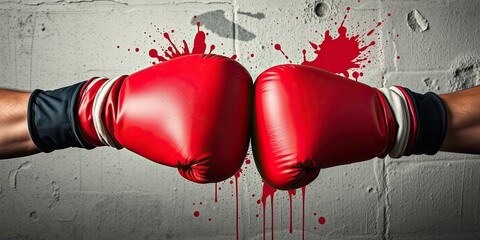 Pair of red boxing gloves with paint splatters hanging on a wall, red, symbol