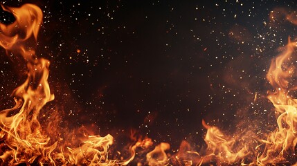 Fototapete - Close-up of fiery flames and glowing embers on black background for hot, intense, or hazard themes.