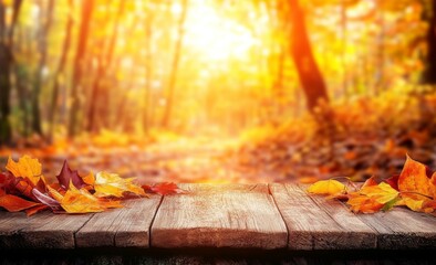 Captivating sunset casting warm light on wooden planks in the forest.