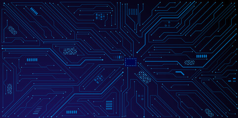 Aufkleber - Glowing light blue neon AI chip with thin circuit contact lines. Technology lines circuit and dots on blue background, circuit board network connection.
